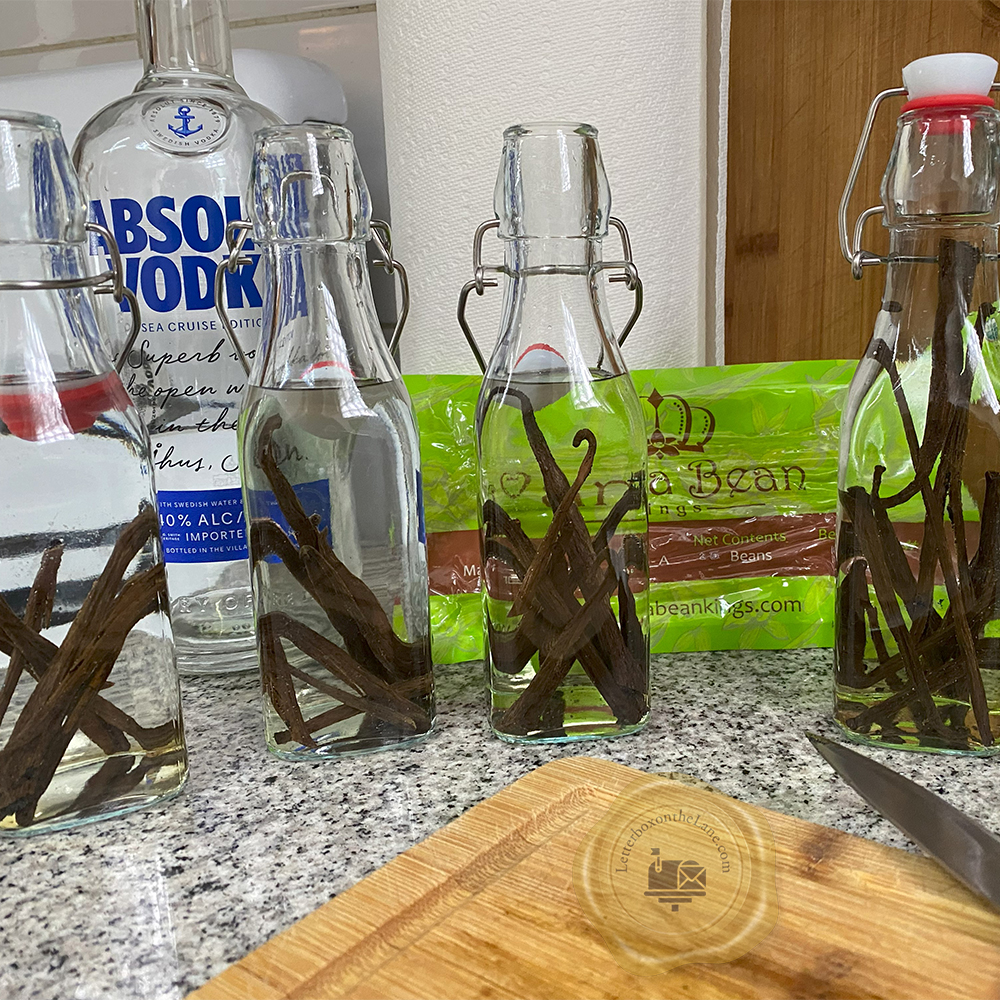 vanilla beans and vodka in glass bottles