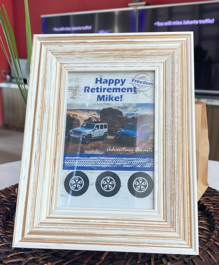 Framed Jeep themed printable with the words "Happy Retirement Mike"